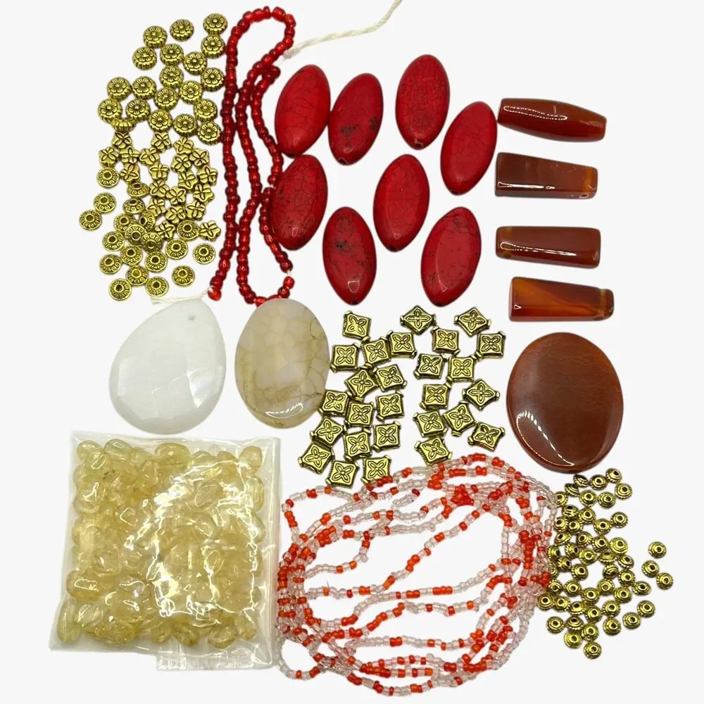 Mixed Lot Beads Pendant Gemstone Metal Glass Jewelry DIY Red Brown Stone Artisan
